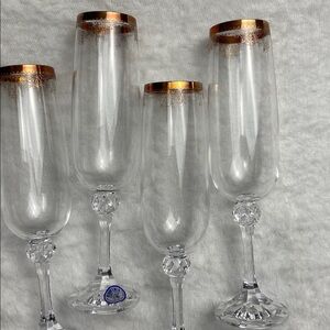 Vintage Champagne Flutes (4) Etched Glass Bohemia Czech